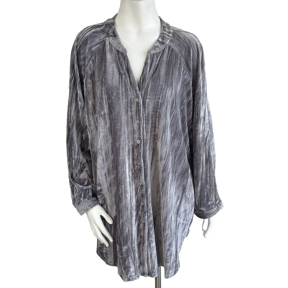 Cato Plus‎ Size 22-24 W Crushed Velvet Career Party Button Down Shirt Tunic Gray